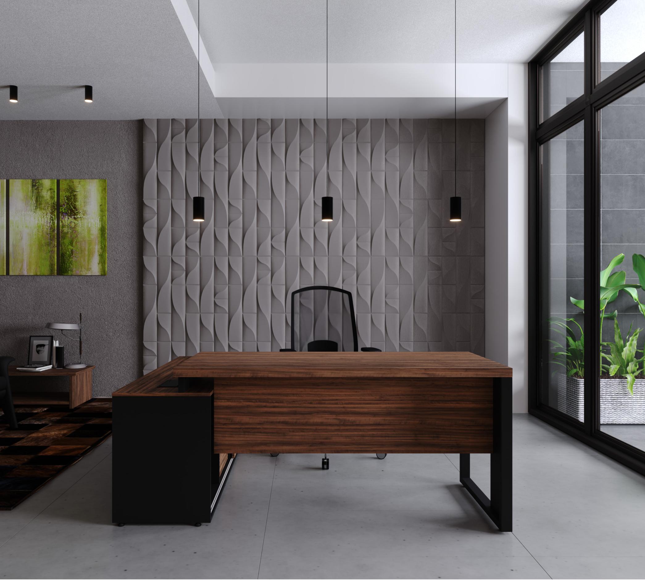Escritório corporativo com mesa e painel